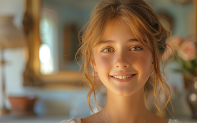 dziewczyna uśmiecha się po zdjęciu aparatu ortodontycznego