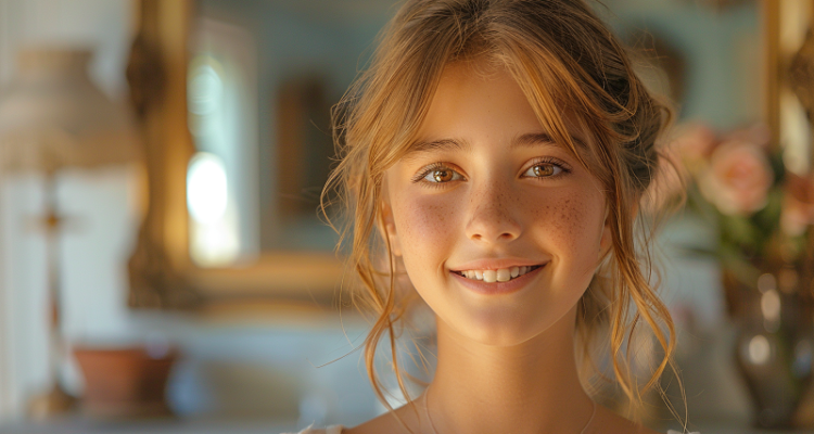 dziewczyna uśmiecha się po zdjęciu aparatu ortodontycznego